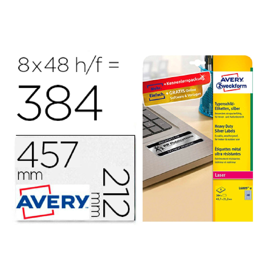 AVERY - Etiqueta Adhesiva Resistente Avery Poliester Plata 45.7x21.2 mm Laser Pack de 8 Unidades