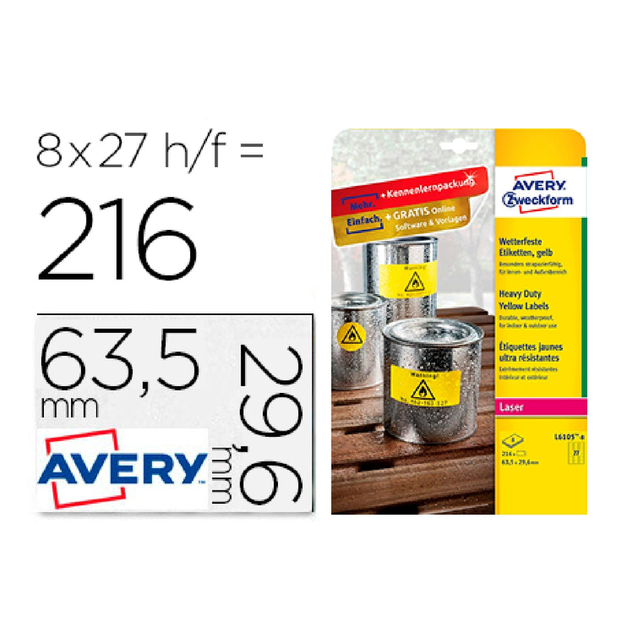 AVERY - Etiqueta Adhesiva Avery Poliester Amarillo Fluorescente 63.5x29.6 mm Pack de 8 Unidades