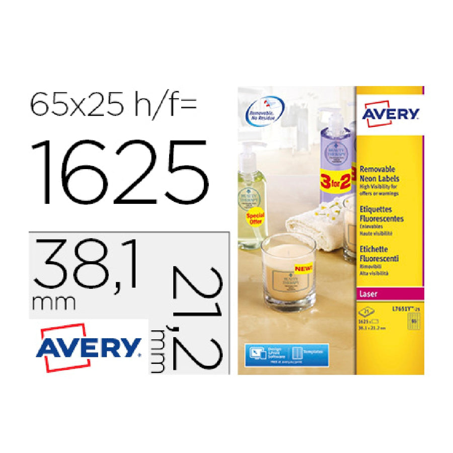 AVERY - Etiqueta Adhesiva Avery Tamano 38.1x21.2 mm Removible Amarillo Fluorescente Caja de 1625 Unidades