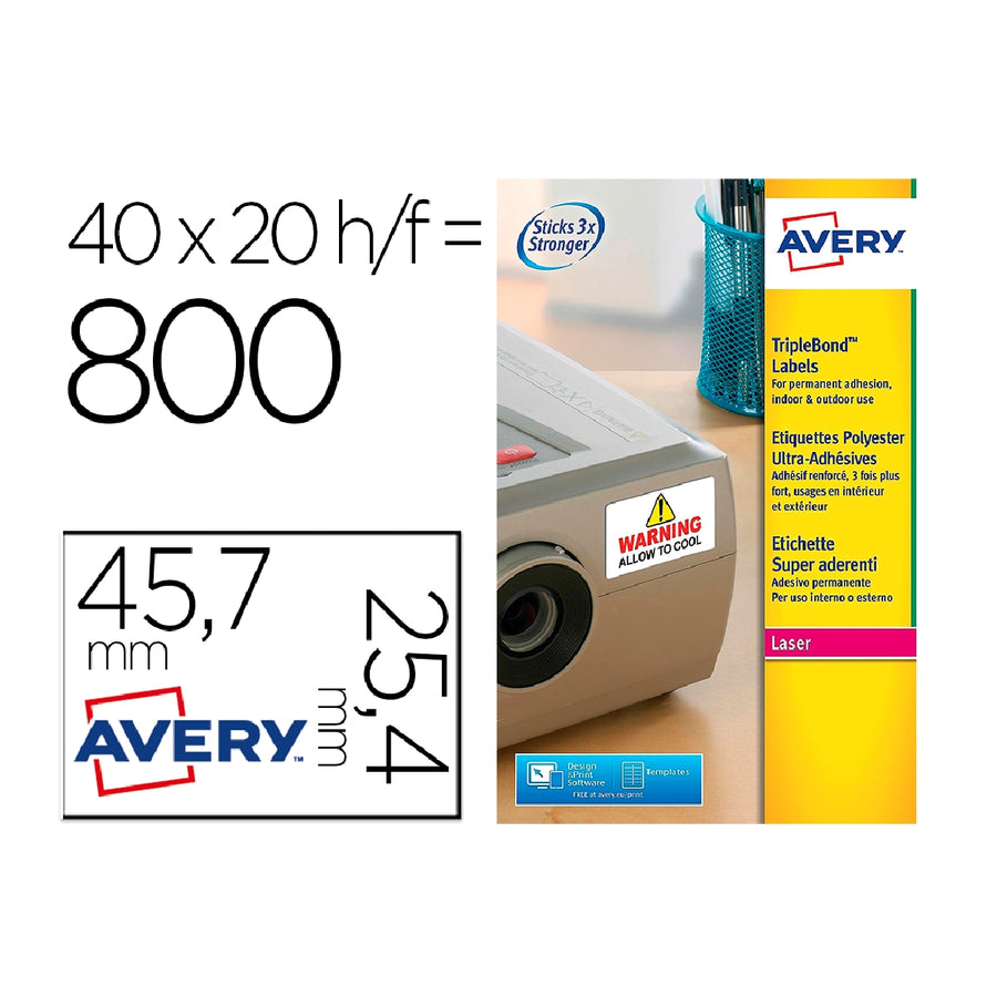 AVERY - Etiqueta Adhesiva Avery Poliester Super Adherente Blanca 45.7x25.4 mm Laser Pack de 800 Unidades
