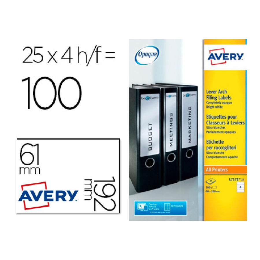 AVERY - Etiqueta Adhesiva Avery Permanente Blanca 61x192 mm Para Lomo Archivador Laser Caja de 100 Unidades