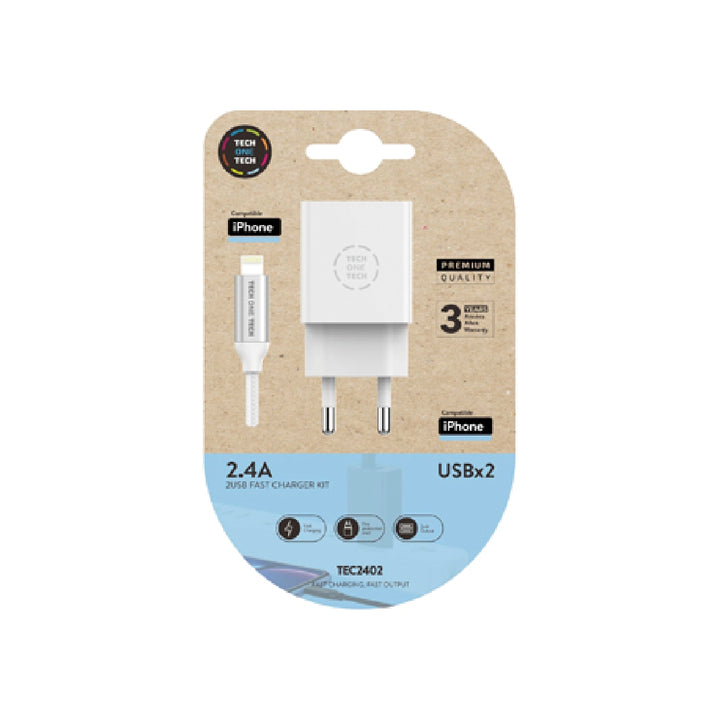TECH ON TECH - Cargador Doble Blanco+Cable Braided Nylon Lightning (Para Apple). Alto Rendimiento2.4ª