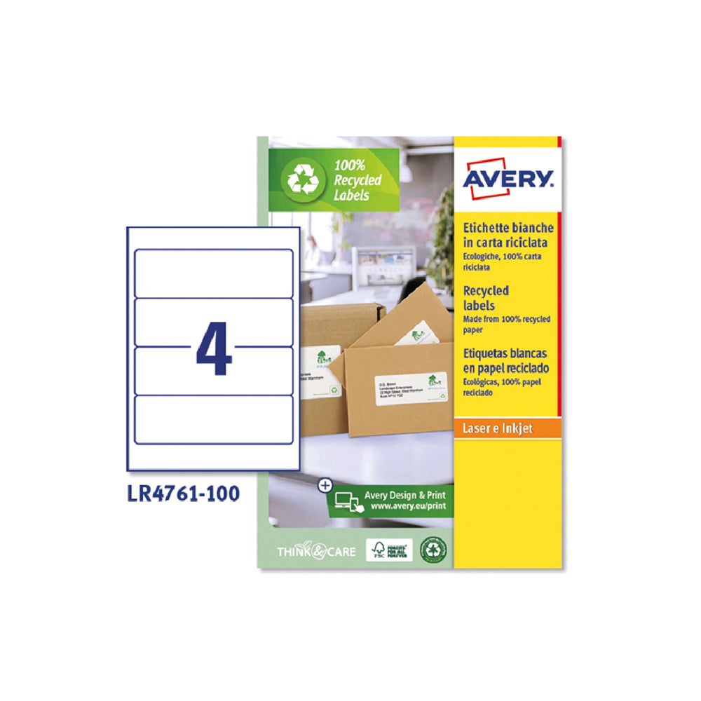 AVERY - Etiqueta Adhesiva Avery Papel Blanco Reciclado Para Archivador 192x61 mm Laser Pack de 400 Etiquetas