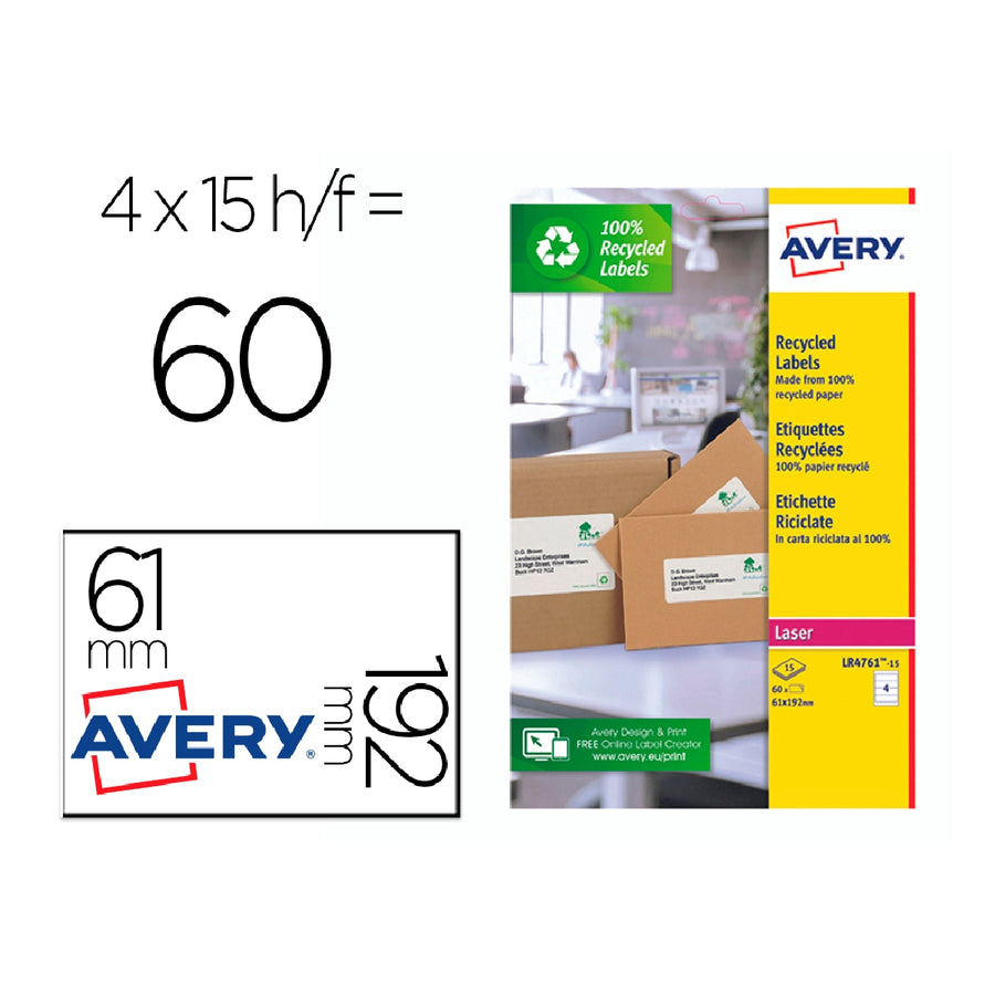 AVERY - Etiqueta Adhesiva Avery Papel Blanco Reciclado Para Archivador 192x61 mm Laser Pack de 400 Etiquetas