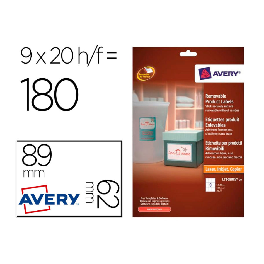 AVERY - Etiqueta Adhesiva Avery Removible Para Impresora Laser Inyeccion Tinta Fotocopiadora Blanca 62x89 mm