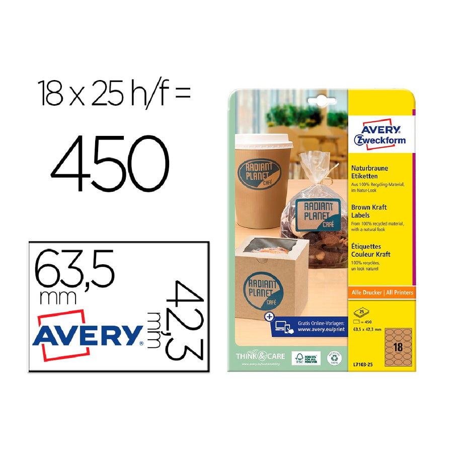AVERY - Etiqueta Adhesiva Avery Kraft Efecto Carton Ovalada 63.5x42.3 mm Removible Laser Ink-Jet Caja de 320 Unidades