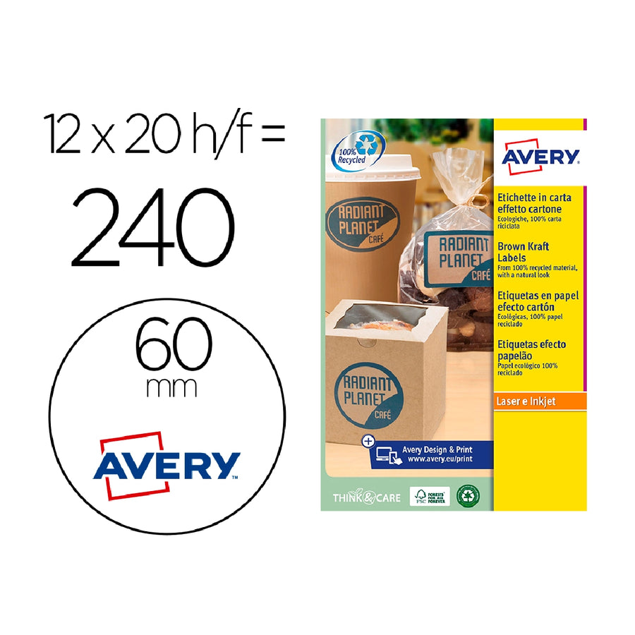 AVERY - Etiqueta Adhesiva Avery Kraft Efecto Carton Redonda 60 mm Removible Para Laser Ink-Jet Caja de 300 Unidades