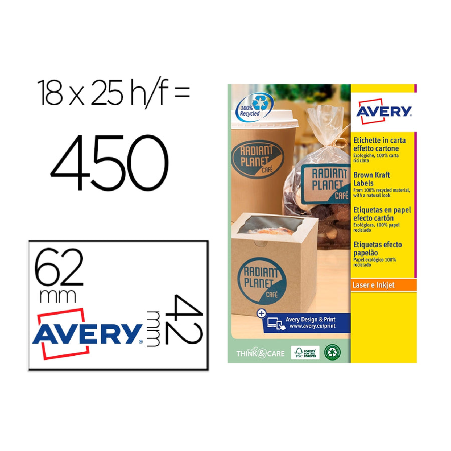 AVERY - Etiqueta Adhesiva Avery Kraft Efecto Carton Rectangular 62x42 mm Removible Para Laser Ink-Jet Caja de 160 Unidades