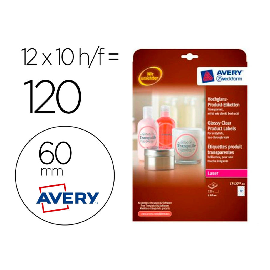 AVERY - Etiqueta Adhesiva Avery Brillante Invisible Redonda Laser 60 mm Caja de 120 Unidades