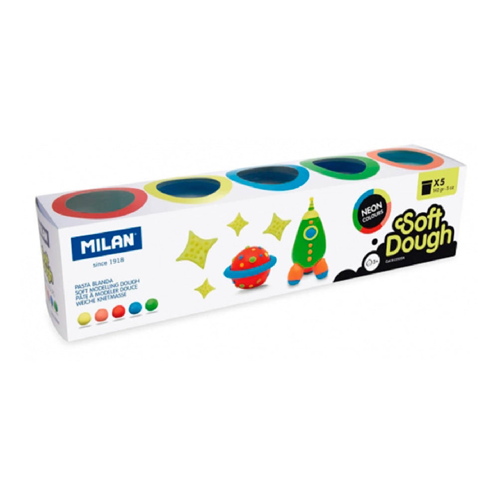 MILAN - Pasta Milan Para Modelar Soft Dough Neon Caja de 5 Botes Colores Surtidos 142 G