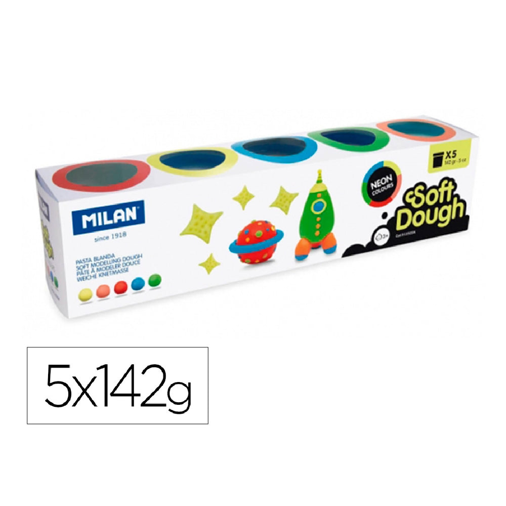 MILAN - Pasta Milan Para Modelar Soft Dough Neon Caja de 5 Botes Colores Surtidos 142 G