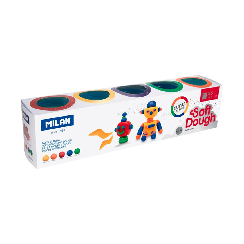 MILAN - Pasta Milan Para Modelar Soft Dough Glitter Caja de 5 Botes Colores Surtidos 142 G