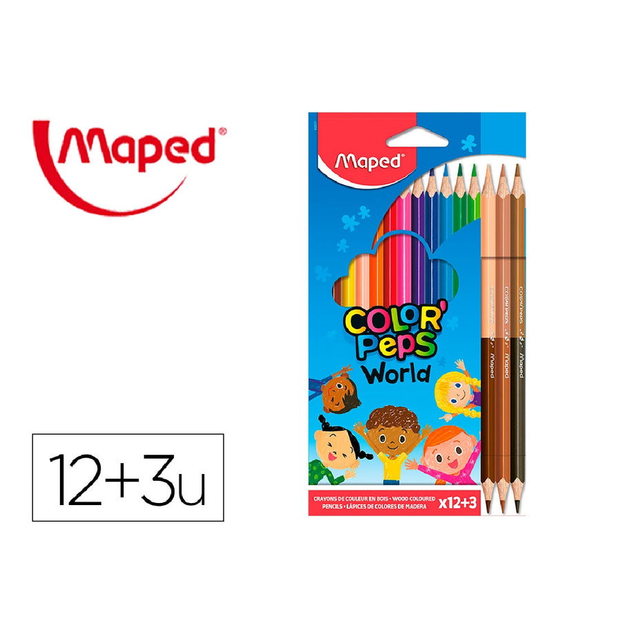 HEXAGONAL - Lapices de Colores Maped Color Peps World Caja de 12 Colores Surtidos + 3 Duo Tonos de Piel
