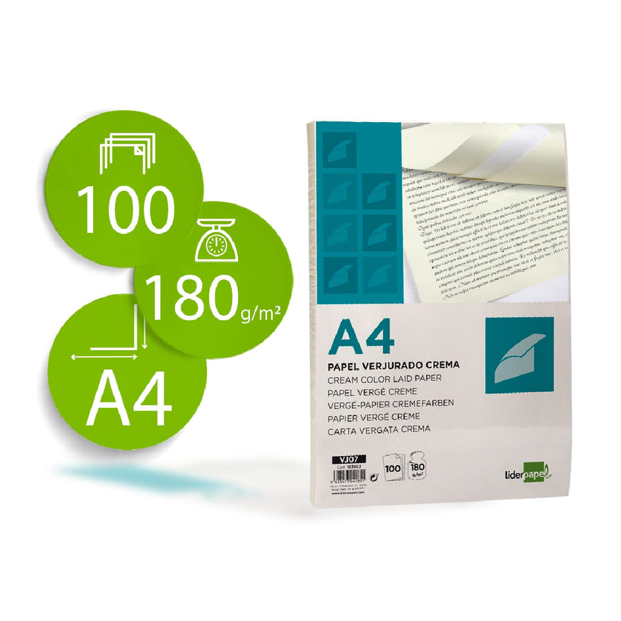 LIDERPAPEL - Papel Verjurado Liderpapel A4 180g/M2 Crema Paquete de 100 Hojas