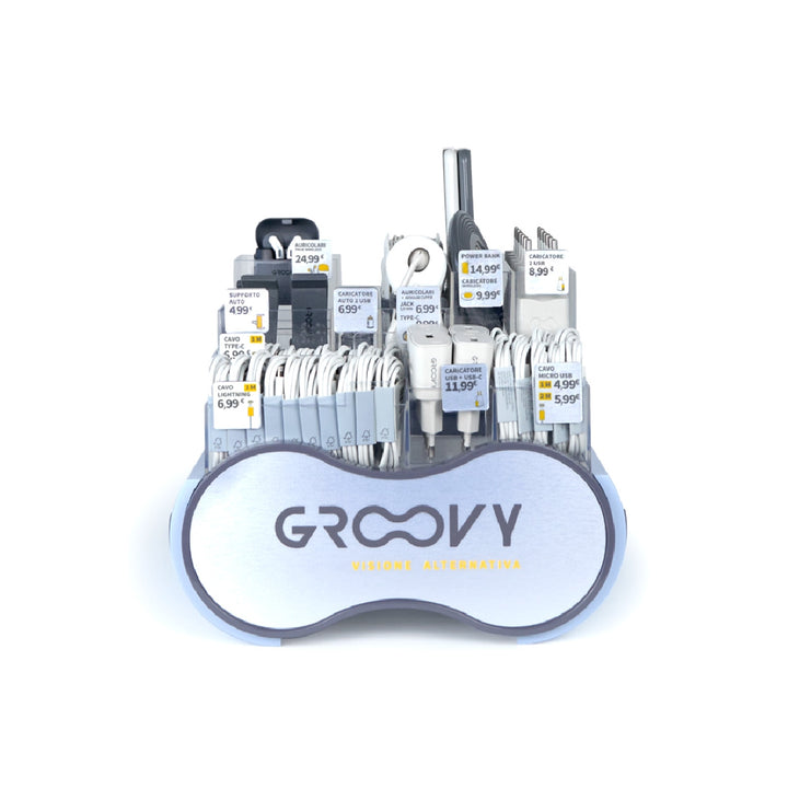 GROOVY - Expositor Groovy Sobremesa 62 Piezas Surtidas Obsequio 1 Auricular Sport Bluetooth Neckband Con Microfono