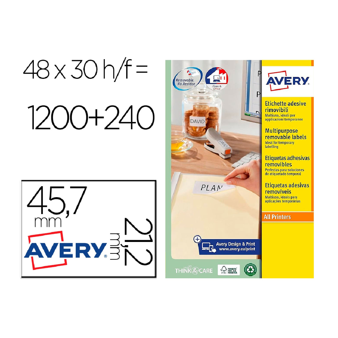 AVERY - Etiqueta Adhesiva Avery Blanca Removible Para Laser Ink-Jet Fotocopiadora 45.7X 21.2 mm Caja de 1200 Unidades