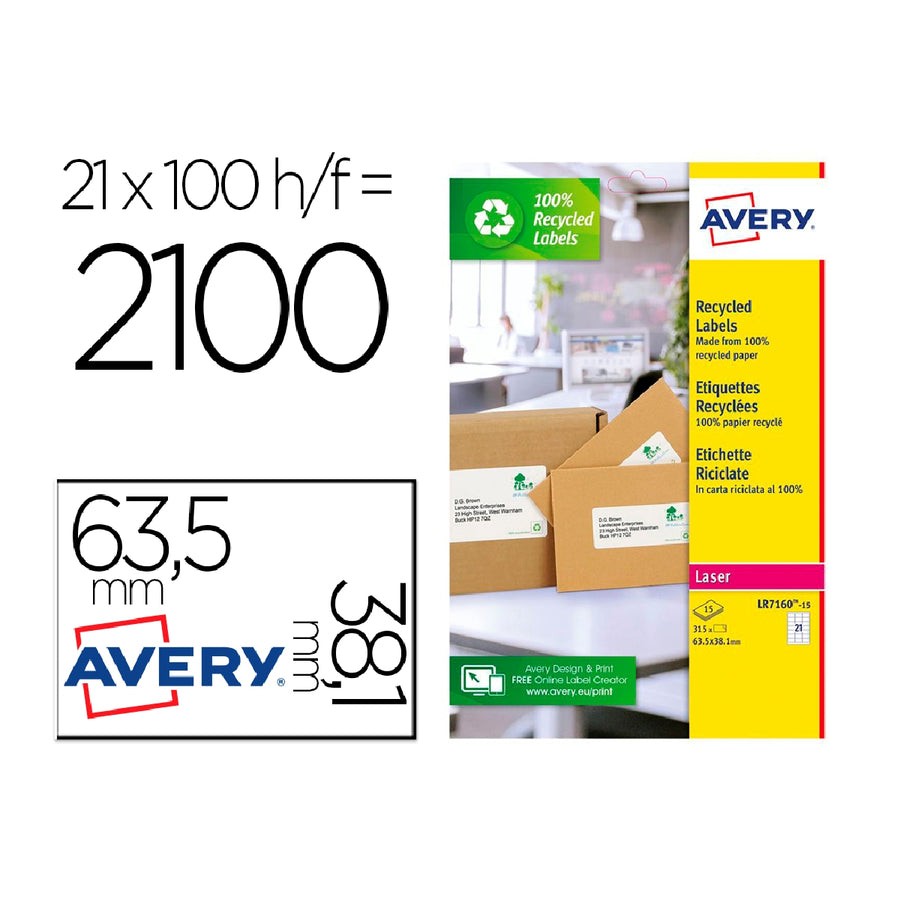 AVERY - Etiqueta Adhesiva Avery Blanca Permanente Reciclada 100% Laser 63.5x38.1 mm Caja de 315 Unidades
