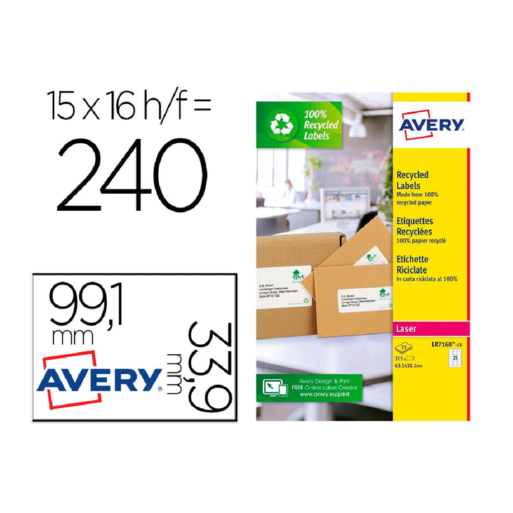 AVERY - Etiqueta Adhesiva Avery Blanca Permanente Reciclada 100% Laser 99.1x33.9 mm Caja de 240 Unidades