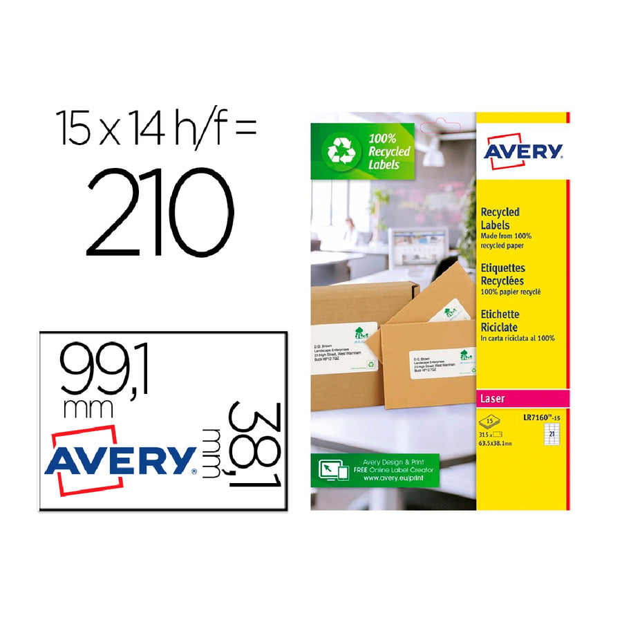 AVERY - Etiqueta Adhesiva Avery Blanca Permanente Reciclada 100% Laser 99.1x38.1 mm Caja de 210 Unidades