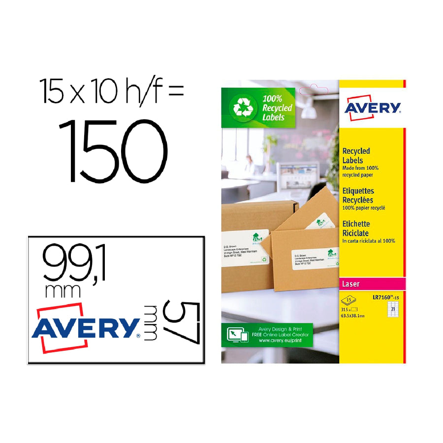 AVERY - Etiqueta Adhesiva Avery Blanca Permanente Reciclada 100% Paraimpresora Laser 99.1x57 mm Caja de 150 Unidades
