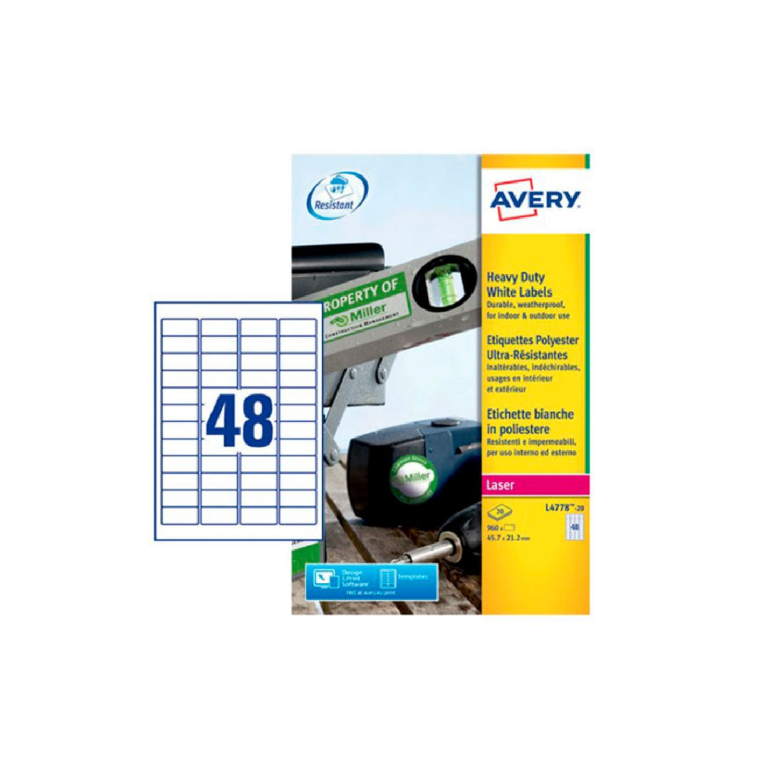 AVERY - Etiqueta Adhesiva Resistente Avery Poliester Blanco Laser 45.7x21.2 mm Caja de 960 Unidades