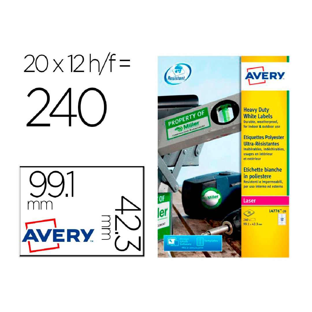 AVERY - Etiqueta Adhesiva Resistente Avery Poliester Blanco Laser 99.1x42.3 mm Caja de 240 Unidades