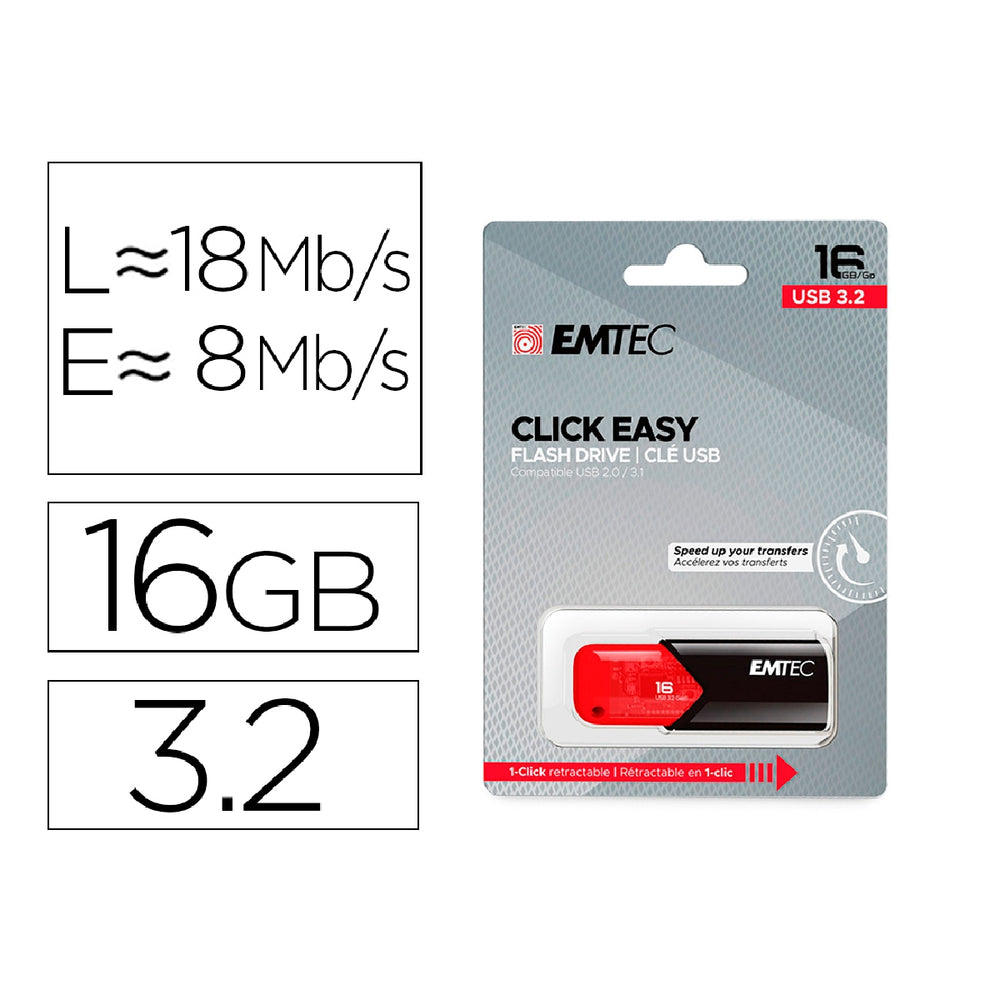 EMTEC - Memoria Emtec Usb 3.2 Click Easy 16 GB Rojo