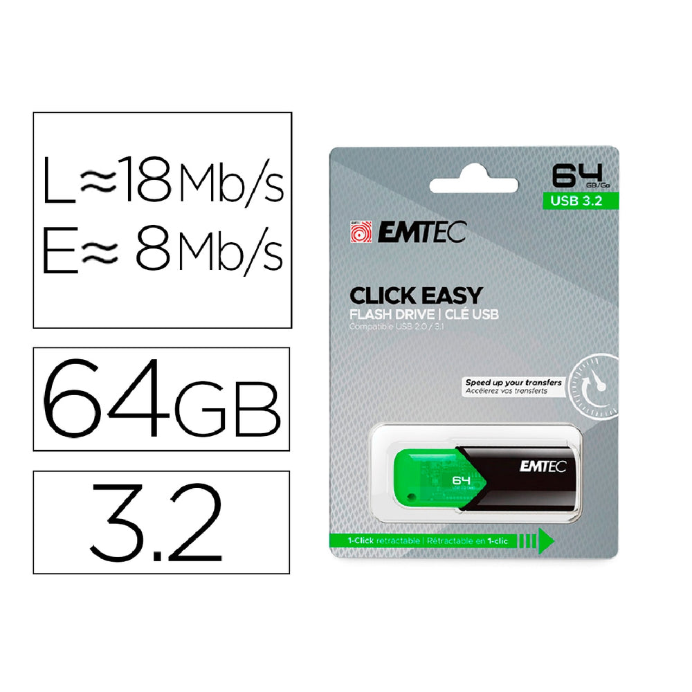 EMTEC - Memoria Emtec Usb 3.2 Click Easy 64 GB Verde