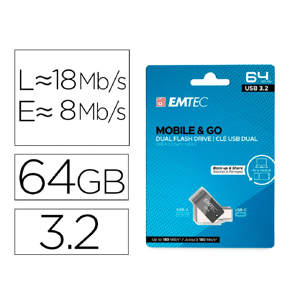 EMTEC - Memoria Emtec Usb 3.2 Dual Mobile & GO Type-C /Usb 64 GB