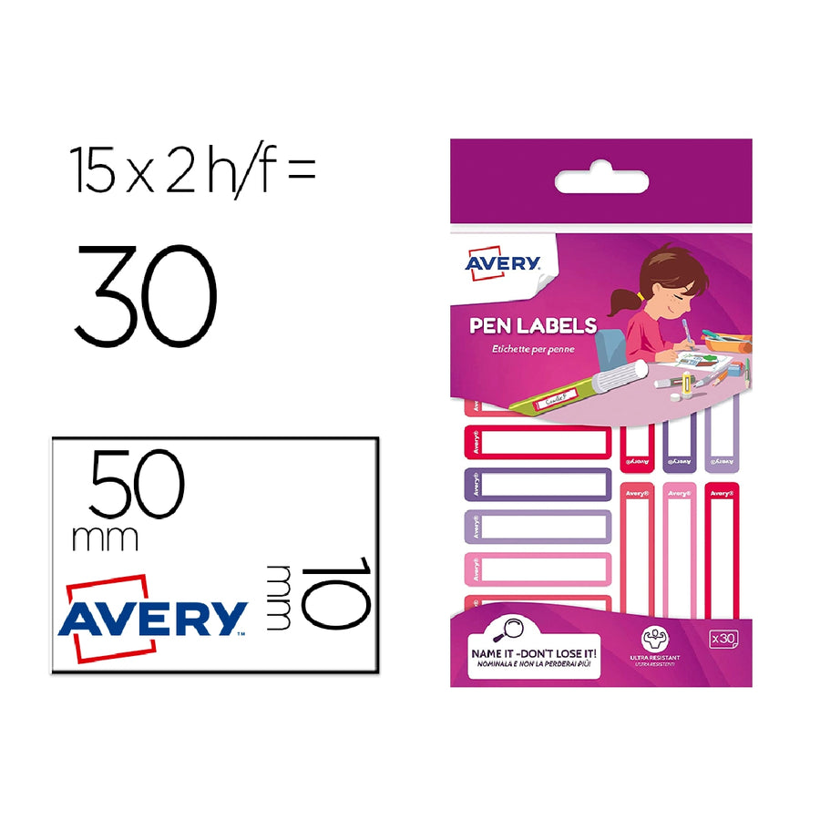 AVERY - Etiqueta Avery Para Boligrafos y Lapices Rosa y Violeta 50x10 mm Blister de 30 Unidades