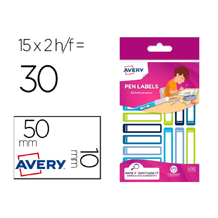 AVERY - Etiqueta Avery Para Boligrafos y Lapices Azul y Verde 50x10 mm Blister de 30 Unidades
