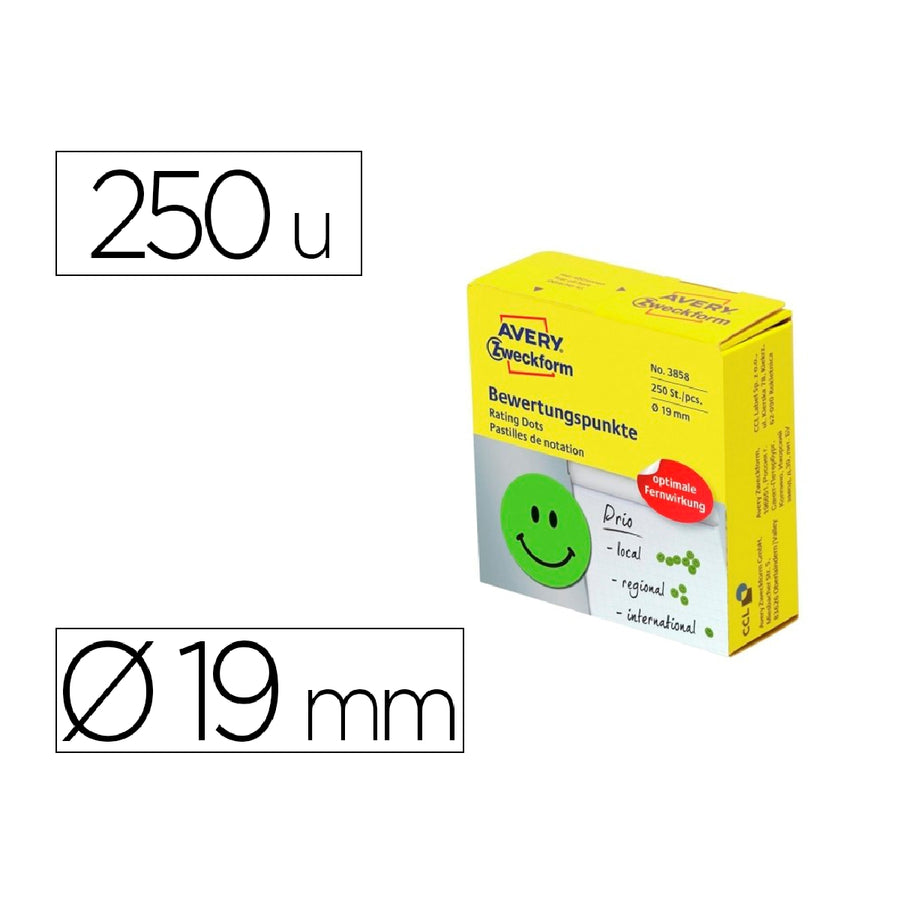 AVERY - Etiqueta Adhesiva Avery Smile Verde Sonriente 19 mm Rollo de 250 Unidades