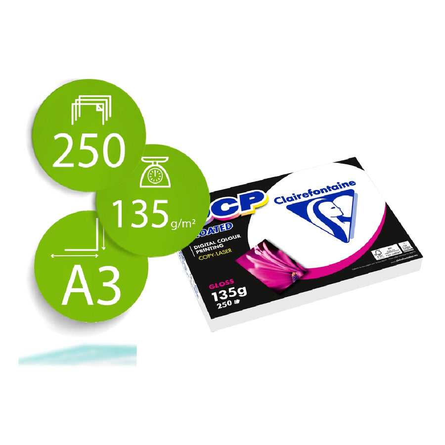 CLAIREFONTAINE - Papel Fotocopiadora Color Dcp Coated Glossy Din A3 135 Gramos Paquete de 250 Hojas