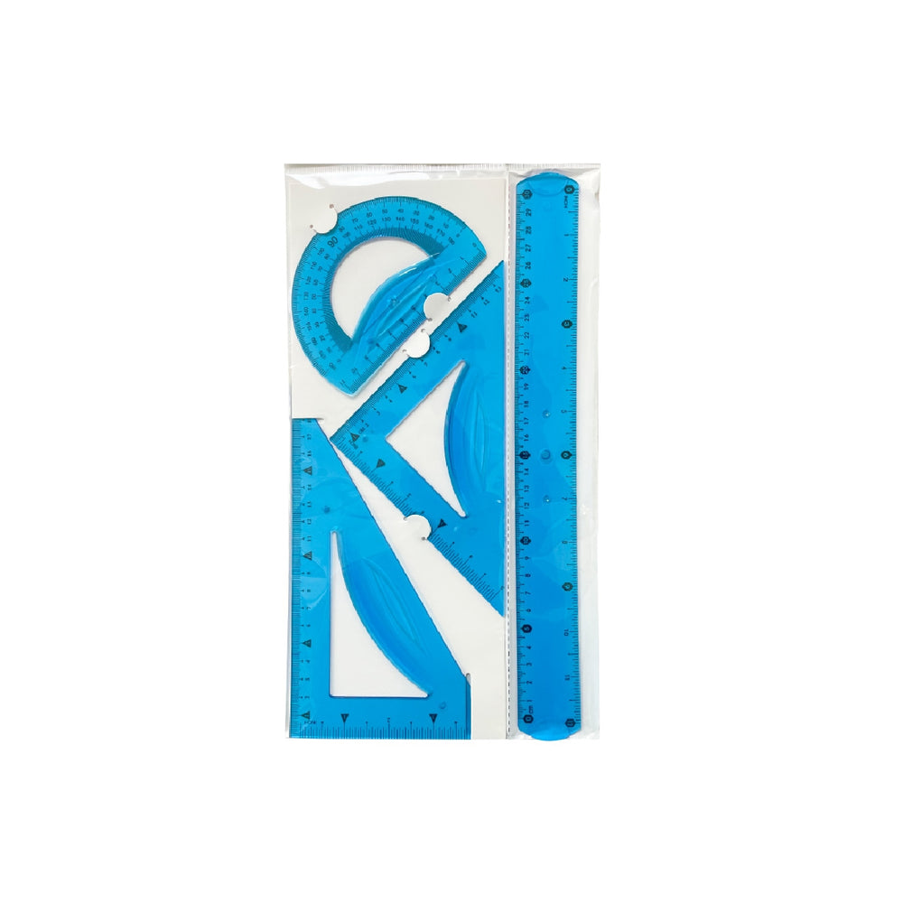 LIDERPAPEL - Juego Escuadra 10 cm Cartabon 14 cm Regla 30 cm y Semicirculo Plastico Flexible en Petaca Liderpapel Colores