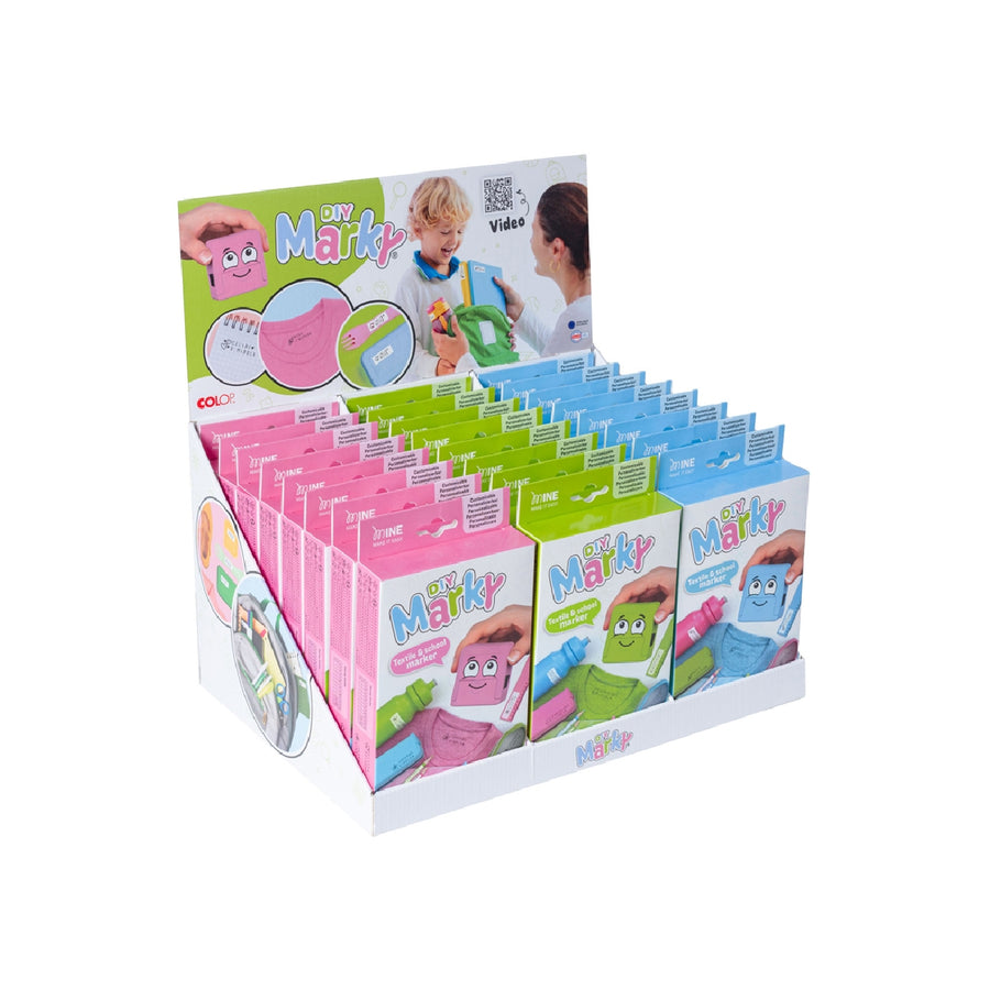 COLOP - Expositor Sobremesa Sello Marcador de Ropa Marky Infantil 12 Unidades 3 Colores Surtidos
