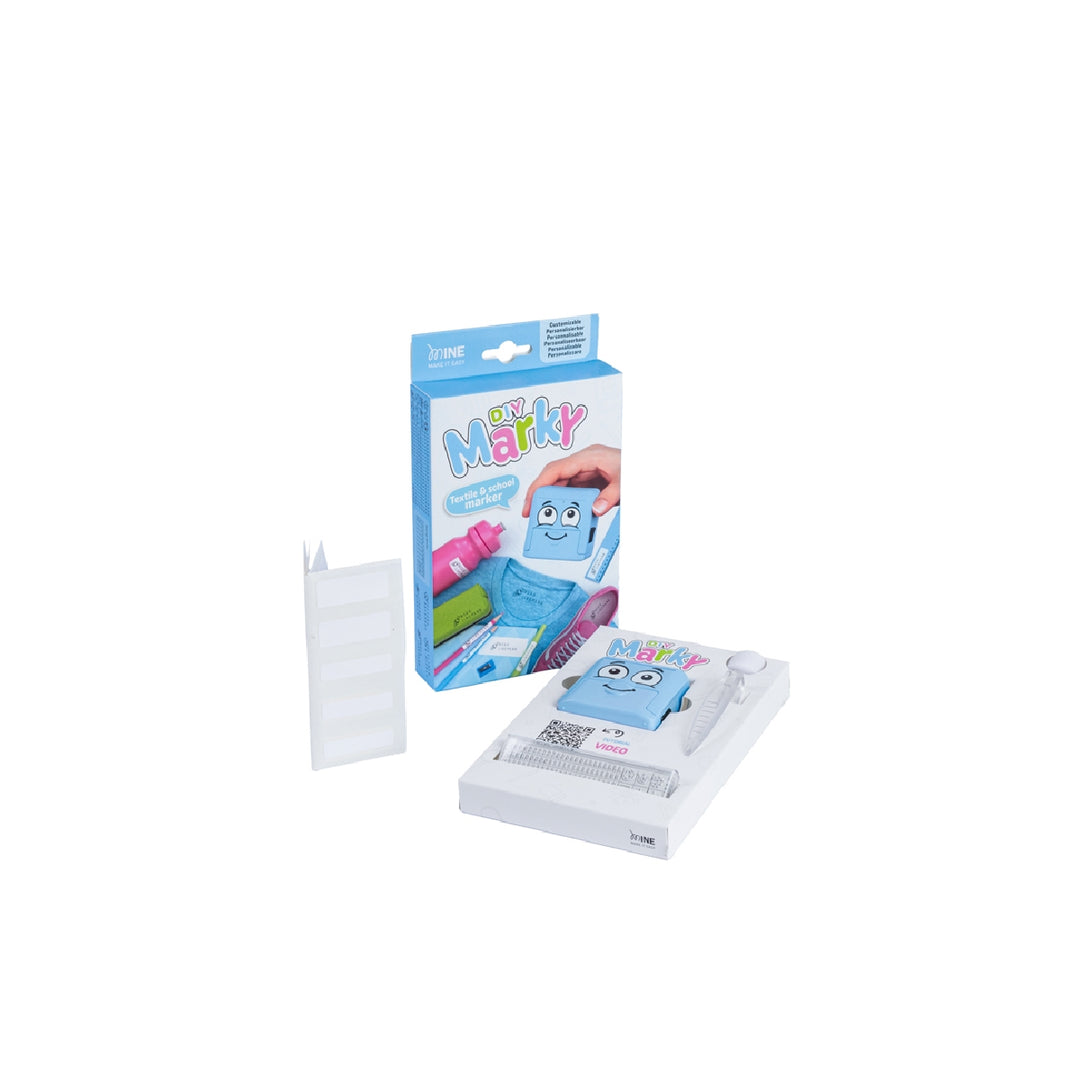 COLOP - Sello Marcador de Ropa Marky Infantil Azul Incluye Tinta Kit de Etiquetas y Cinta Termoadhesiva
