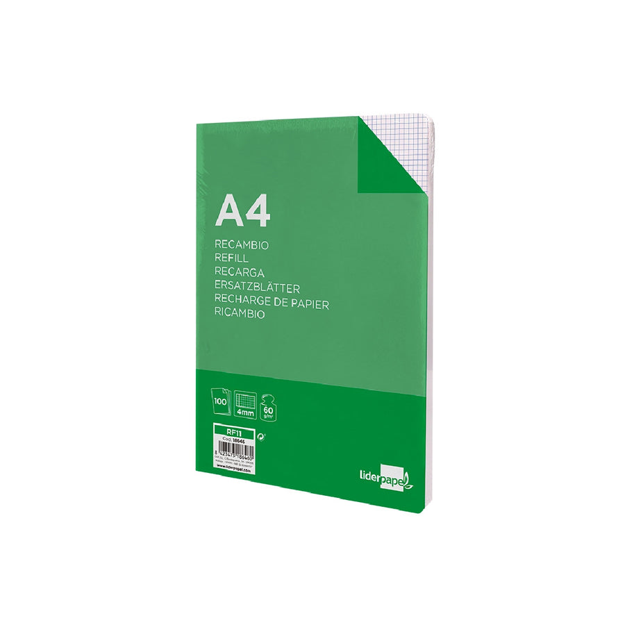 LIDERPAPEL - Recambio Liderpapel A4 100 Hojas 60g/M2 Cuadro 4 mm Con Margen 16 Taladros