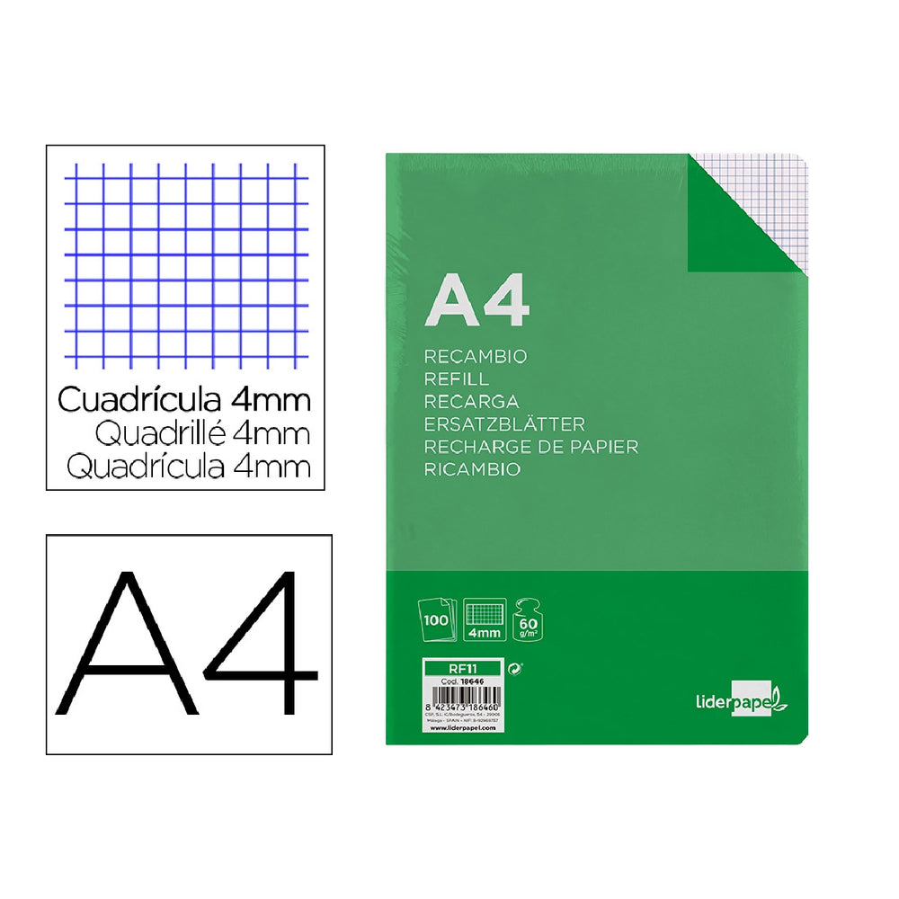 LIDERPAPEL - Recambio Liderpapel A4 100 Hojas 60g/M2 Cuadro 4 mm Con Margen 16 Taladros