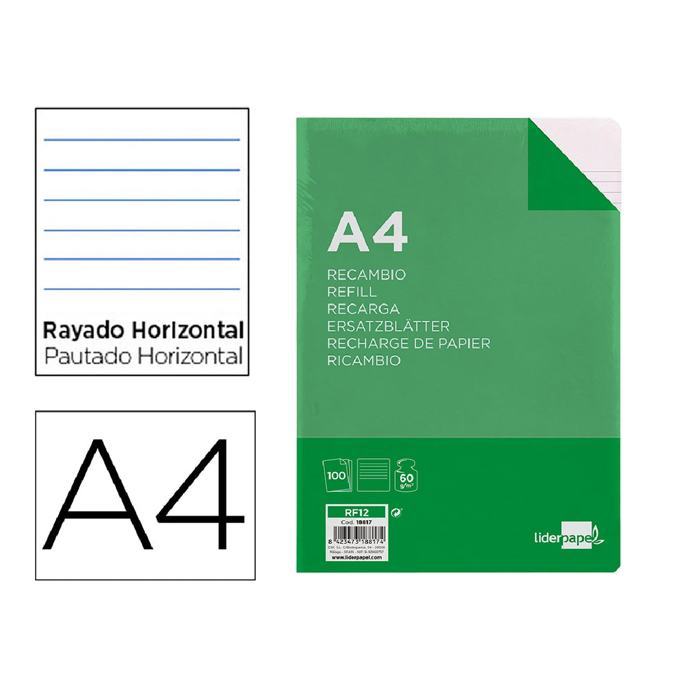 LIDERPAPEL - Recambio Liderpapel A4 100 Hojas 60g/M2 Horizontal Sin Margen 16 Taladros