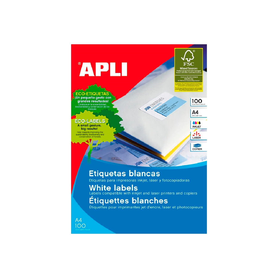 APLI - Etiqueta Adhesiva Apli 1263 Tamano 64.6x33.8 mm Fotocopiadora Laser Ink-Jet Caja Con 100 Hojas Din A4