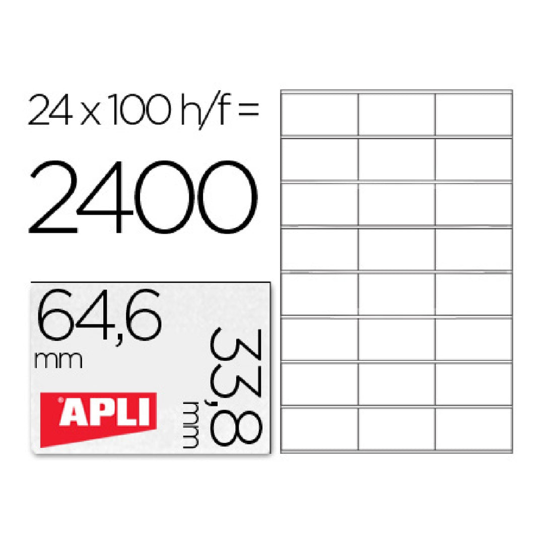 APLI - Etiqueta Adhesiva Apli 1263 Tamano 64.6x33.8 mm Fotocopiadora Laser Ink-Jet Caja Con 100 Hojas Din A4