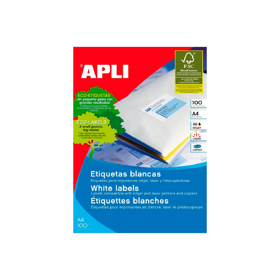 APLI - Etiqueta Adhesiva Apli 1273 Tamano 70x37 mm Fotocopiadora Laser Ink-Jet Caja Con 100 Hojas Din A4