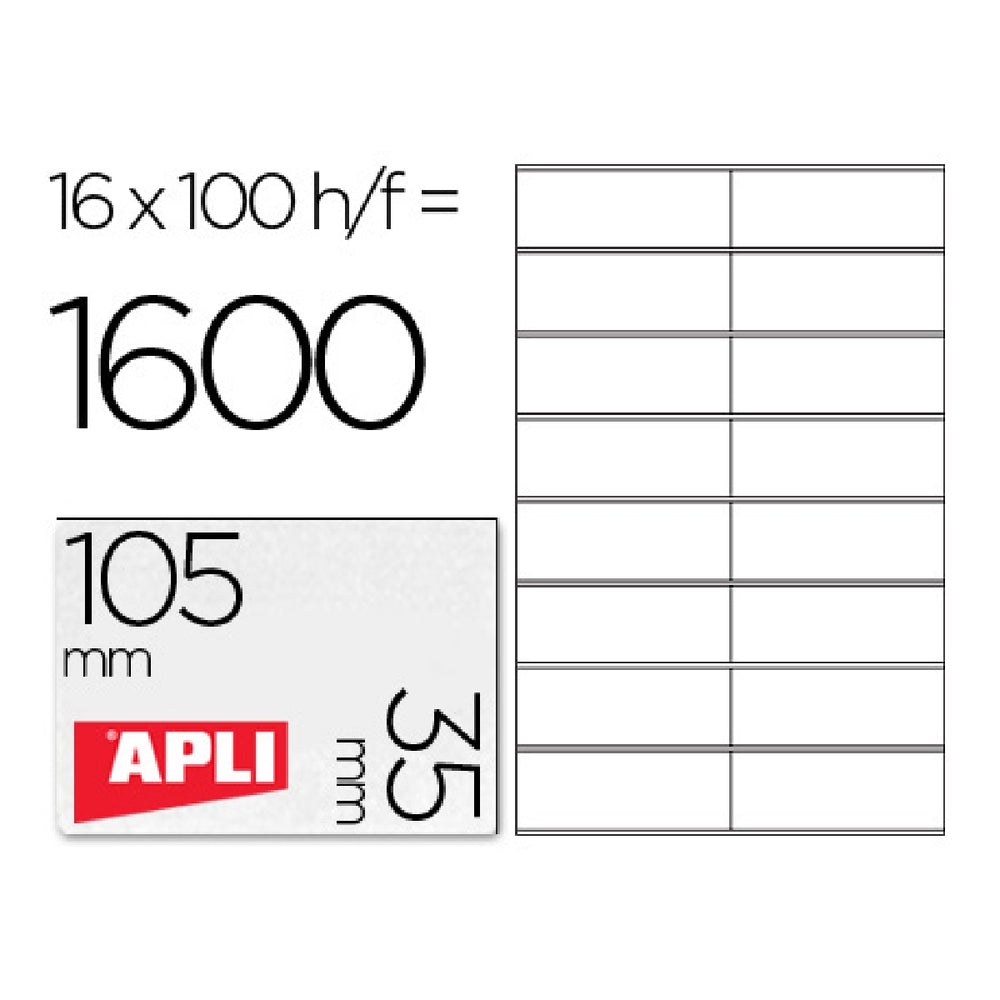 APLI - Etiqueta Adhesiva Apli 1287 Tamano 105x35 mm Fotocopiadora Laser Ink-Jet Caja Con 100 Hojas Din A4