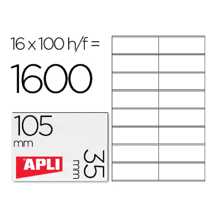 APLI - Etiqueta Adhesiva Apli 1287 Tamano 105x35 mm Fotocopiadora Laser Ink-Jet Caja Con 100 Hojas Din A4