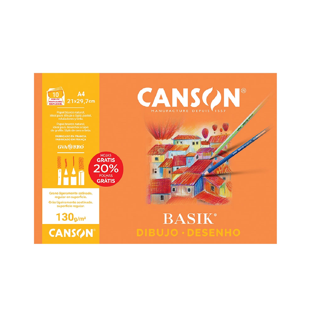 CANSON - Papel Dibujo Basik Din A4 Sin Recuadro 130 Gramos Minipack de 10 Hojas