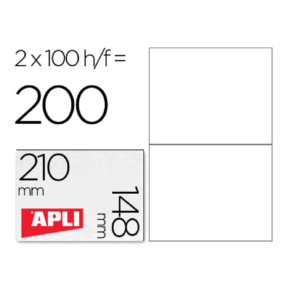 APLI - Etiqueta Adhesiva Apli 1264 Tamano 210x148 mm -Fotocopiadora Laser Ink-Jet -Caja Con 100 Hojas Din A4