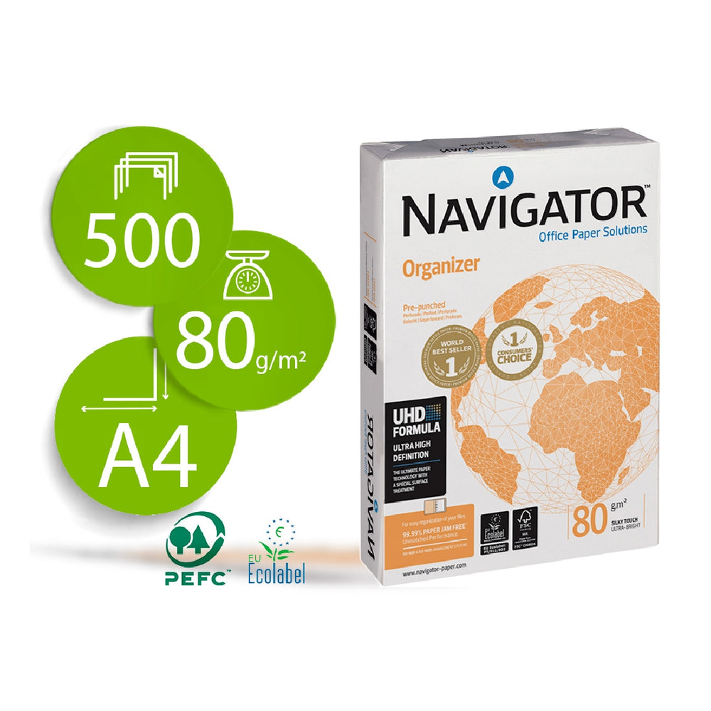 NAVIGATOR - Papel Fotocopiadora Navigator Din A4 80 Gramos -4 Taladros Papel Multiuso Ink-Jet y Laser-Paquete de 500 Hojas