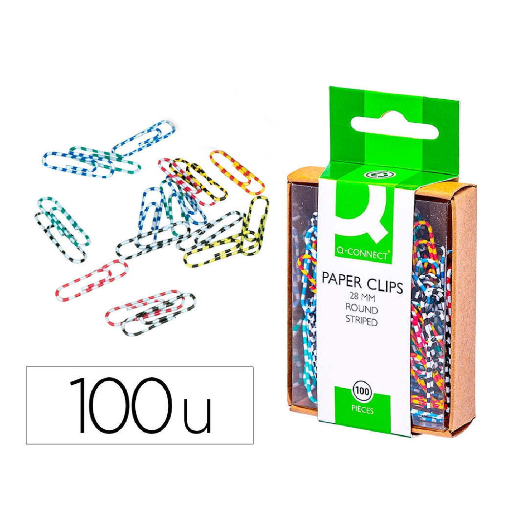 Q-CONNECT - Clips Colores Rayados Q-Connect 28 mm Caja de 100 Unidades Colores Surtidos