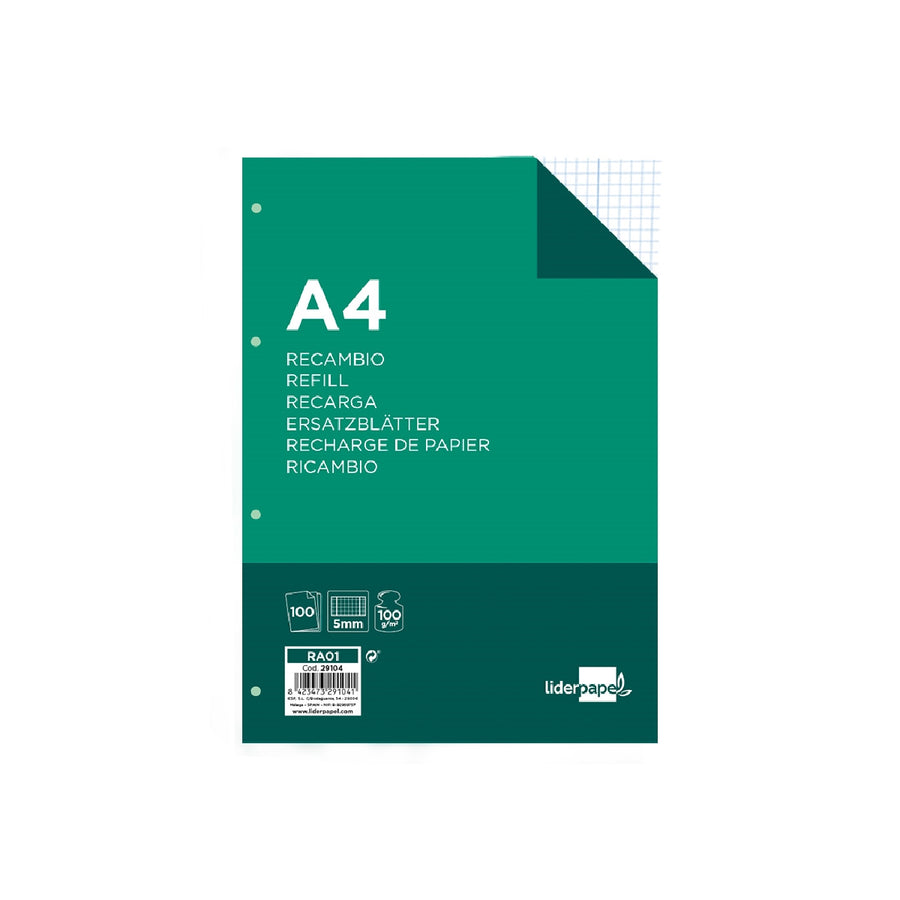 LIDERPAPEL - Recambio Liderpapel A4 100 Hojas 100g/M2 Cuadro 5mm Con Margen 4 Taladros