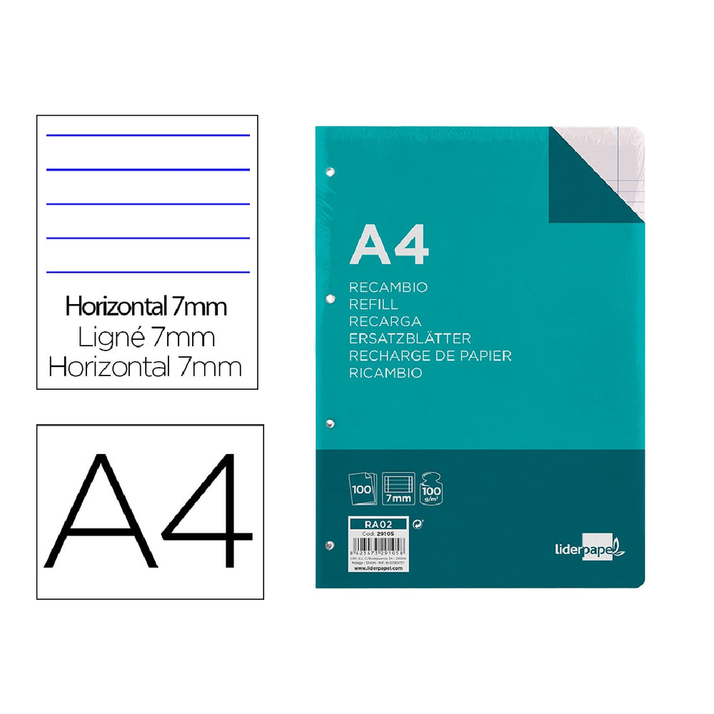 LIDERPAPEL - Recambio Liderpapel A4 100 Hojas 100g/M2 Horizontal Con Doble Margen 4 Taladros